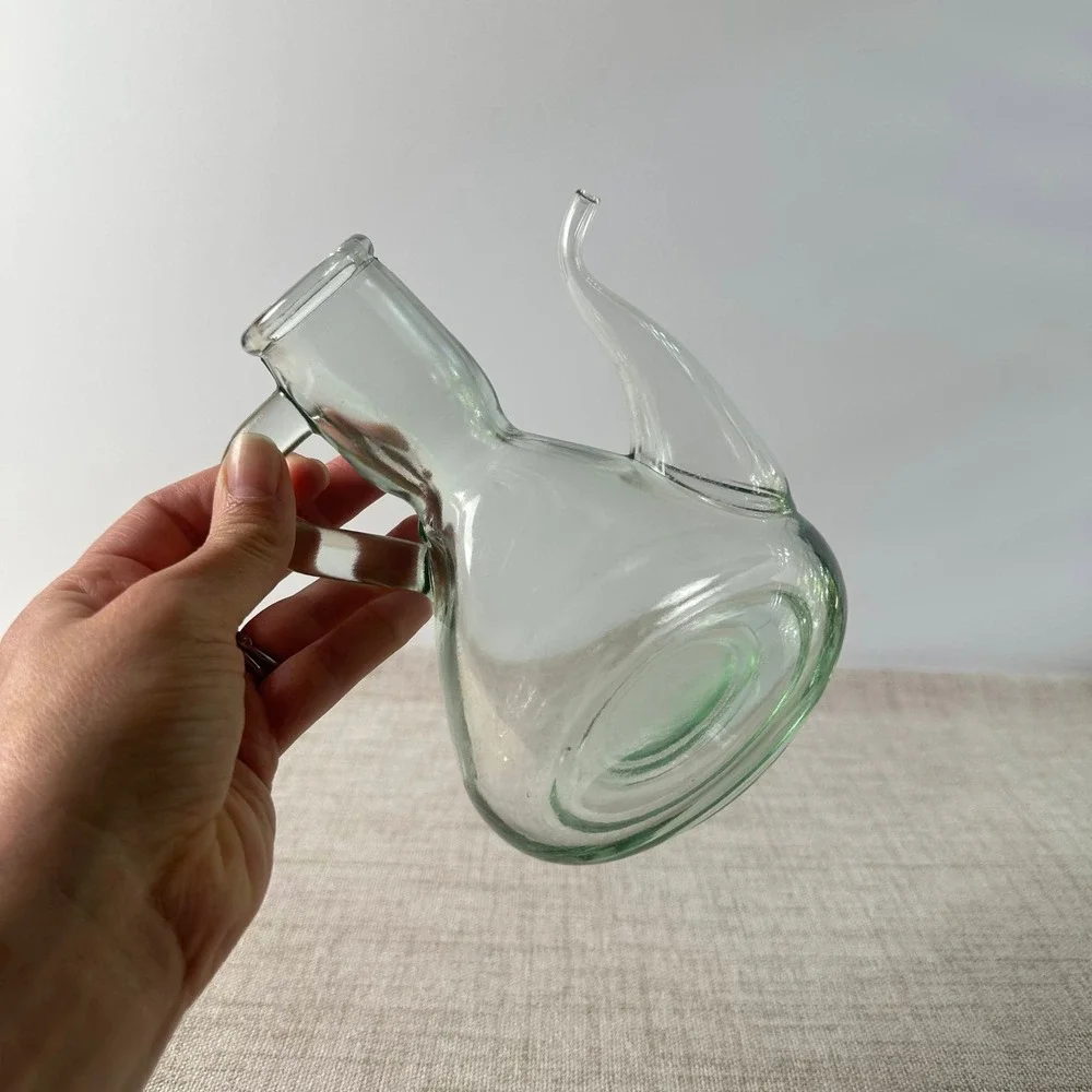 Vintage Green Glass Long Spout Cruet | Hand Blown Pitcher | Sculptural Glass